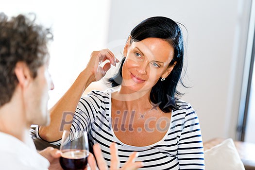 Portrait of a couple having a glass of red wine at home Portrait of a couple having a glass of red wine at home