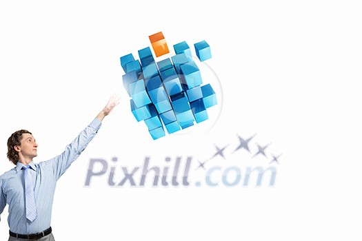 Businessman reaching hand to touch 3D rendering cube figure Businessman reaching hand to touch 3D rendering cube figure