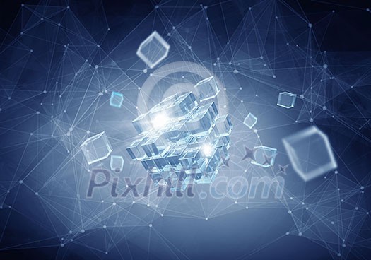 Abstract blue media background of communication concept with 3D cube illustration Abstract blue media background of communication concept with 3D cube illustration
