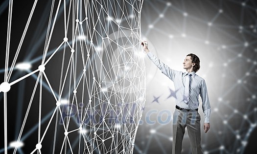 Businessman touching with finger digital connection lines as symbol of connectivity Businessman touching with finger digital connection lines as symbol of connectivity