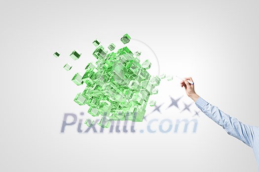 Businessman reaching hand to touch 3D rendering cube figure Businessman reaching hand to touch 3D rendering cube figure