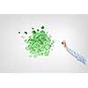 Businessman reaching hand to touch 3D rendering cube figure