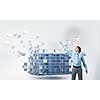 Businessman reaching hand to touch 3D rendering cube figure