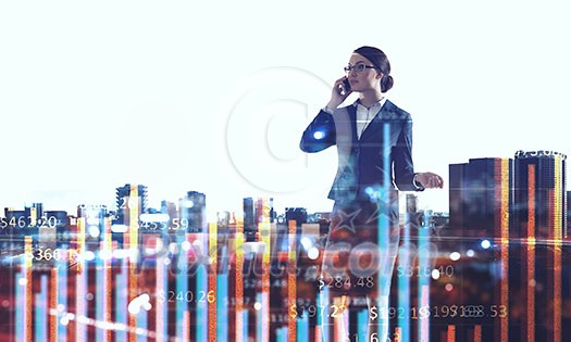 Double exposure of elegant businesswoman and modern city on white background Double exposure of elegant businesswoman and modern city on white background