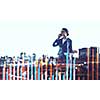 Double exposure of elegant businesswoman and modern city on white background