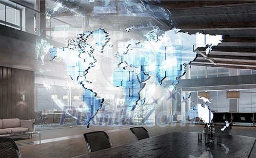 Media user interface with world map as concept for global business. Mixed media Media user interface with world map as concept for global business. Mixed media