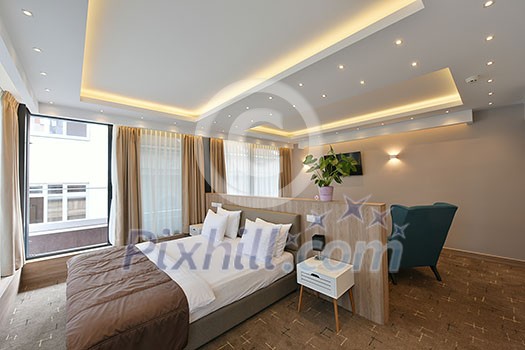 hotel room in modern architecture style comfortable bed in and luxury decorations hotel room in modern architecture style comfortable bed in and luxury decorations