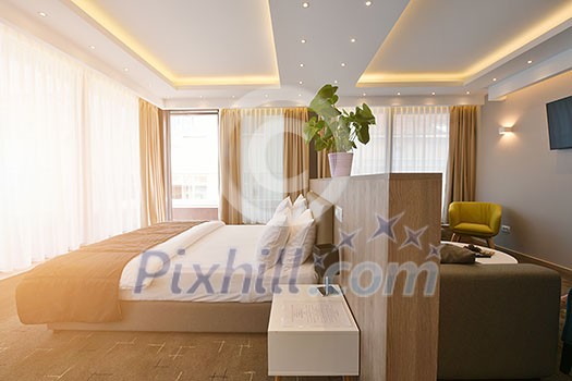hotel room in modern architecture style comfortable bed in and luxury decorations hotel room in modern architecture style comfortable bed in and luxury decorations