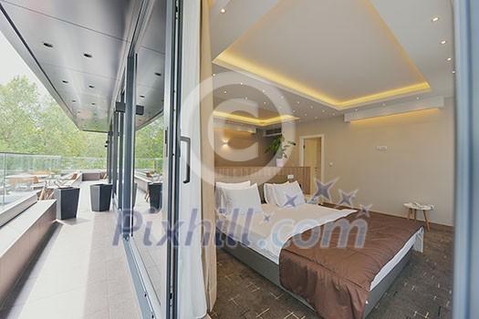 hotel room in modern architecture style comfortable bed in and luxury decorations hotel room in modern architecture style comfortable bed in and luxury decorations