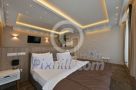 hotel room in modern architecture style comfortable bed in and luxury decorations hotel room in modern architecture style comfortable bed in and luxury decorations