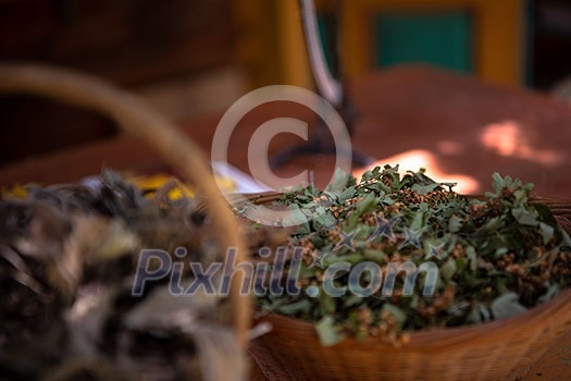 herbalist workshop with bottles and healing herbs herbalist workshop with bottles and healing herbs