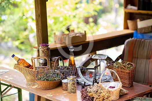 herbalist workshop with bottles and healing herbs herbalist workshop with bottles and healing herbs