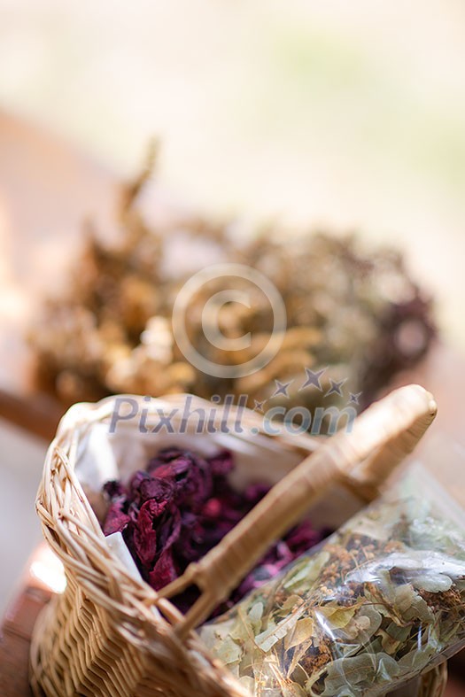 herbalist workshop with bottles and healing herbs herbalist workshop with bottles and healing herbs