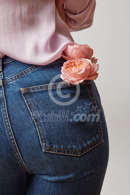 Beautiful female butt in jeans with fresh roses of coral living color in a back pocket on a light gray background. Place for text. Beautiful female butt in jeans with fresh roses of coral living color in a back pocket on a light gray background. Place for text.