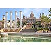 Barcelona, Spain - April 15, 2013: National art museum and fountain sunny spring day against a blue sky