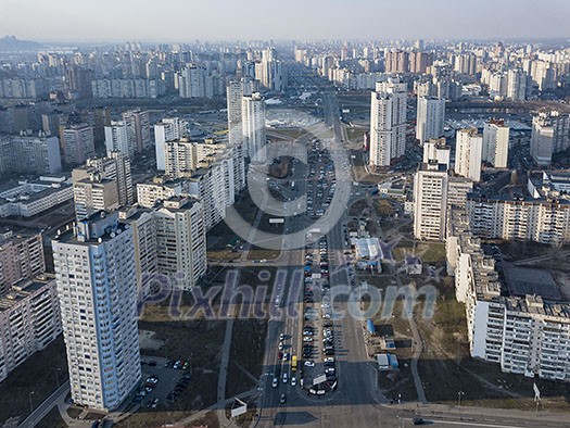 Aerial panoramic photography from the drone, bird's eye view to Pozniaky district with modern building of the city Kiev Ukraine. Aerial panoramic photography from the drone, bird's eye view to Pozniaky district with modern building of the city Kiev Ukraine.