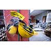 standard security equipment yellow helmet and ears protection hanging on the wall at production Department of a big modern wooden furniture factory