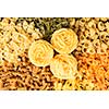 Variety of types and shapes of dry Italian pasta