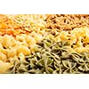 Variety of types and shapes of dry Italian pasta