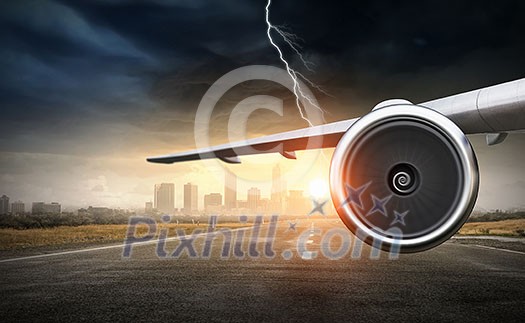 Airplane that going down for landing. Mixed media Airplane that going down for landing. Mixed media