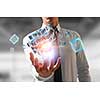 Close of hand holding cube figure as symbol of innovation. 3D rendering