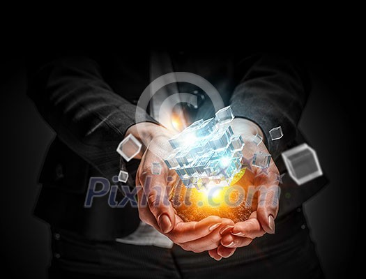 Close of hand holding cube figure as symbol of innovation. 3D rendering Close of hand holding cube figure as symbol of innovation. 3D rendering
