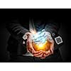 Close of hand holding cube figure as symbol of innovation. 3D rendering