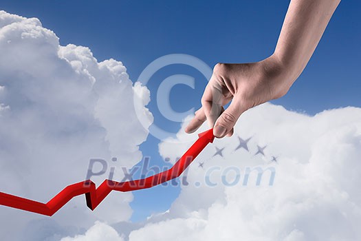 Hand pulling up red arrow as concept of income. Mixed media Hand pulling up red arrow as concept of income. Mixed media