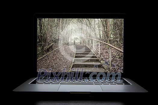 Opened laptop on dark background and natural landscape on screen. Mixed media Opened laptop on dark background and natural landscape on screen. Mixed media