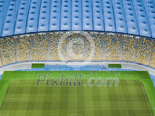 Top view of the blue-yellow stands on a green football field. Aerial view from the drone Top view of the blue-yellow stands on a green football field. Aerial view from the drone