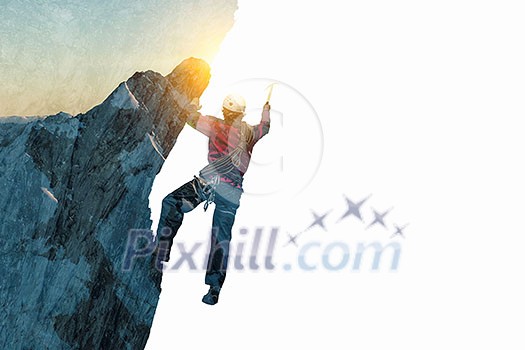 Double exposure of alpinist and mountain landscape. Mixed media Double exposure of alpinist and mountain landscape. Mixed media