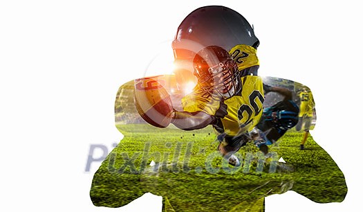 Double exposure of american football players on white background. Mixed media Double exposure of american football players on white background. Mixed media