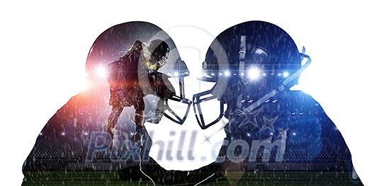 Double exposure of american football players on white background. Mixed media Double exposure of american football players on white background. Mixed media