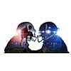 Double exposure of american football players on white background. Mixed media