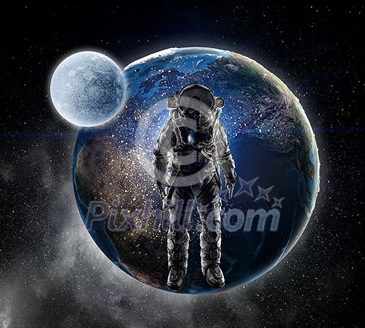 Space explorer in astronaut suit. Mixed media. Elements of this image are furnished by NASA Space explorer in astronaut suit. Mixed media. Elements of this image are furnished by NASA