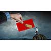 Hand giving red message envelope. Mixed media