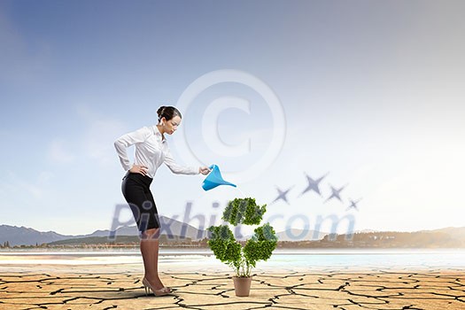 Young attractive businesswoman watering plant in pot with can. Mixed media Young attractive businesswoman watering plant in pot with can. Mixed media