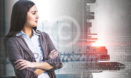 Pensive woman against modern city exposure background. Mixed media Pensive woman against modern city exposure background. Mixed media