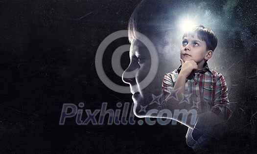 Cute boy of school age with hand on chin looking up. Mixed media Cute boy of school age with hand on chin looking up. Mixed media