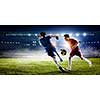 Kid boys in uniform on soccer field fighting for ball. Mixed media