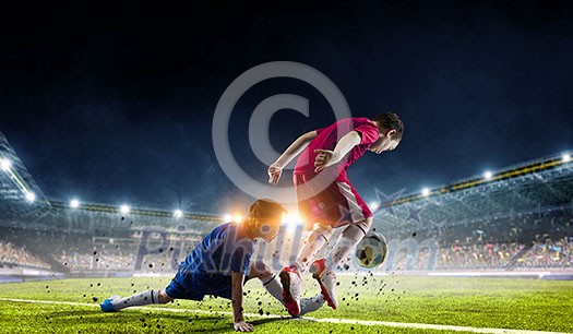 Kid boys in uniform on soccer field fighting for ball. Mixed media Kid boys in uniform on soccer field fighting for ball. Mixed media