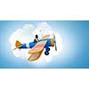 Funny pilot driving a hand drawn airplane in sky. Mixed media