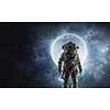 Spaceman wearing astronaut suit outdoor. Mixed media