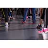 Group of young healthy sporty women exercising with a rubber bands in modern fitness studio  fitness, sport, training, gym and lifestyle concept