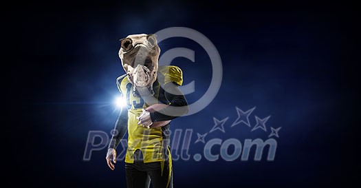 American football player with rhino animal head. Mixed media American football player with rhino animal head. Mixed media