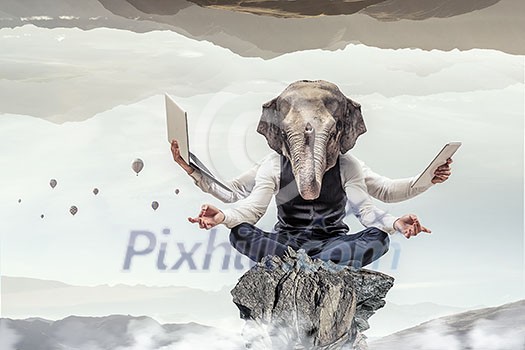 Businessman with elephant head sitting in lotus pose. Mixed media Businessman with elephant head sitting in lotus pose. Mixed media