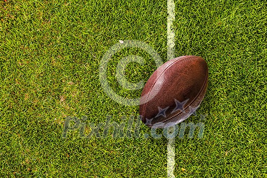 Rugby brown ball on green field grass Rugby brown ball on green field grass