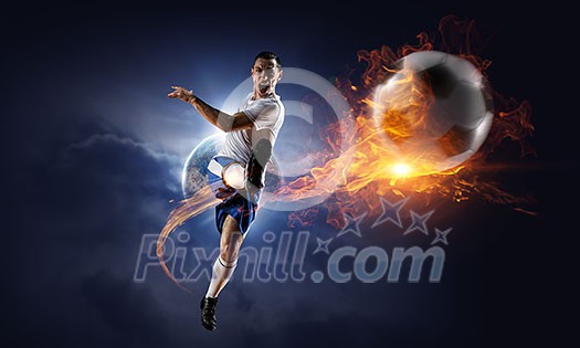 Soccer player kicking ball. Elements of this image are furnished by NASA Soccer player kicking ball. Elements of this image are furnished by NASA