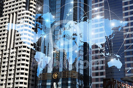 Modern business center and world map as networking concept. 3d rendering Modern business center and world map as networking concept. 3d rendering