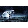Astronaut in space suit running on planet surface. Mixed media